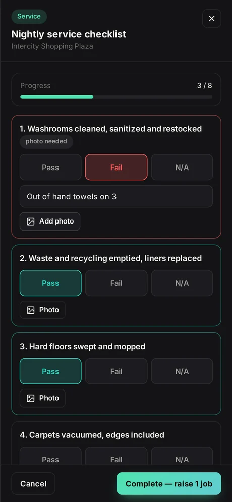 The nightly service checklist on a phone, with a failed line about to raise a job