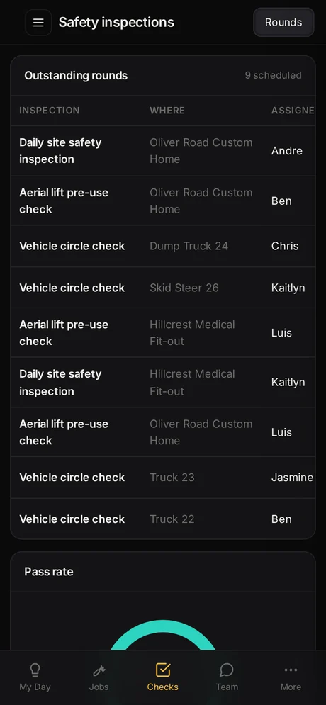 The Dispatchen field app showing a pass/fail inspection checklist